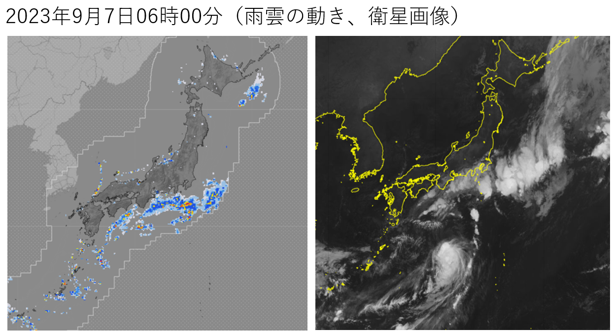 令和５年台風第13号のレーダー及び衛星画像