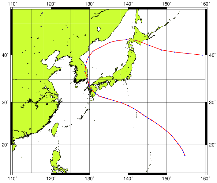 令和元年台風第8号の台風経路図