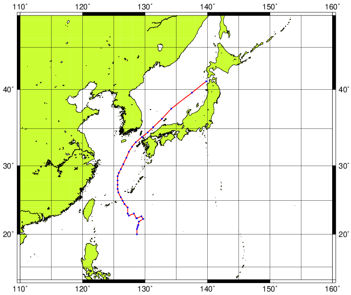 令和元年台風第17号の台風経路図